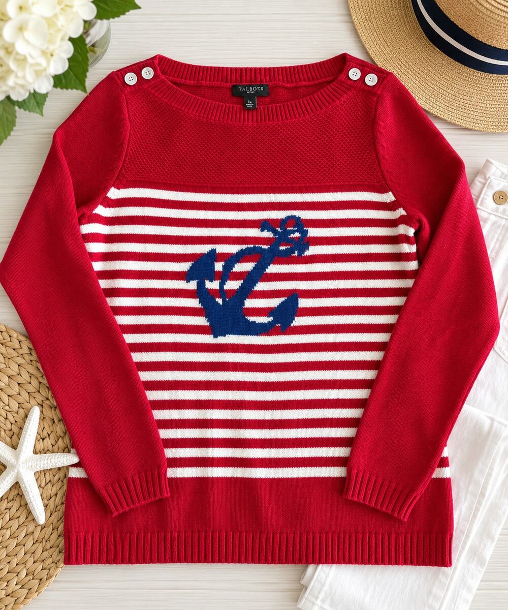 Talbots Petite SP Red White Striped Anchor Sweater Nautical Coastal Preppy